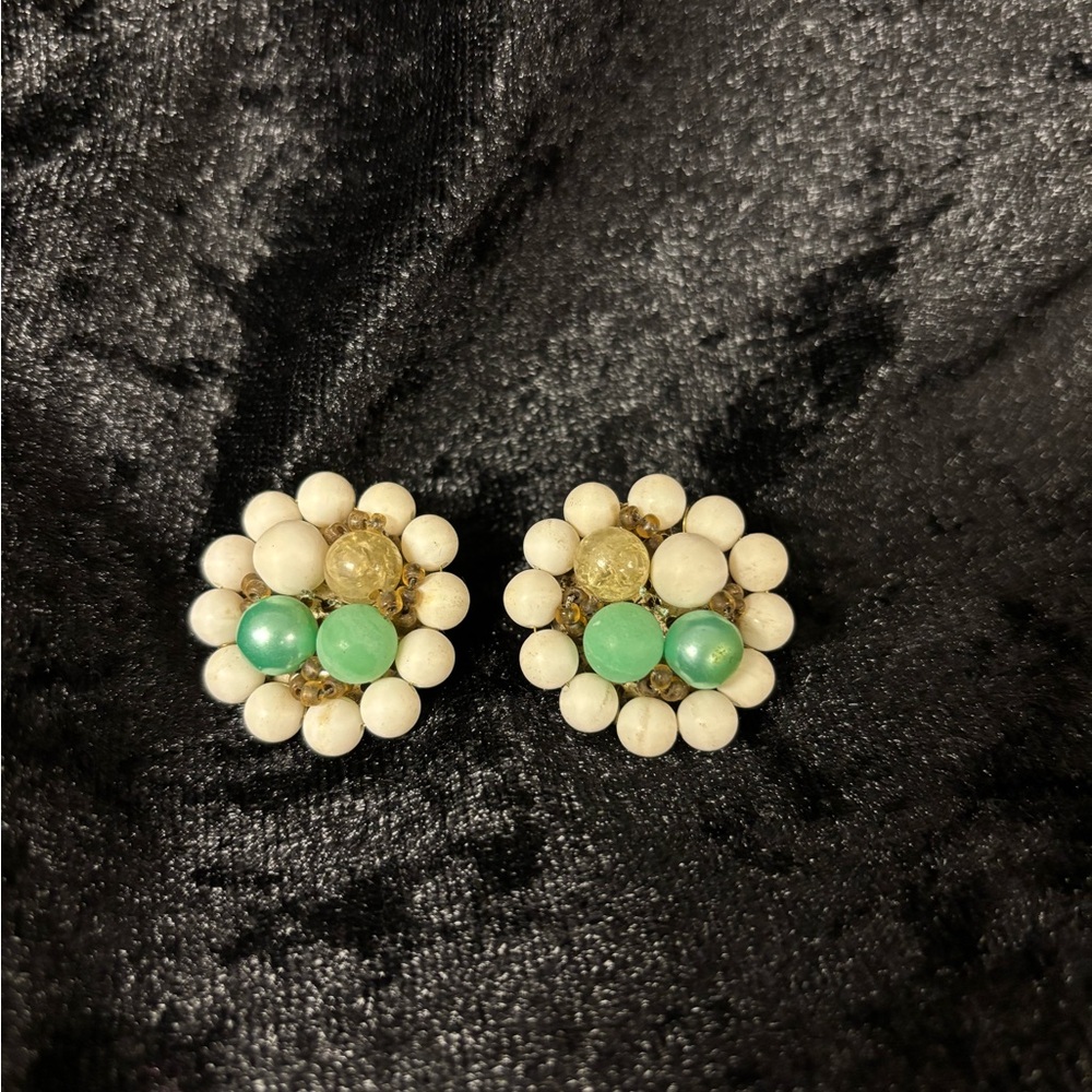 Vintage made in Japan Elegant White, Gold  and Green Cluster clip-on Earrings